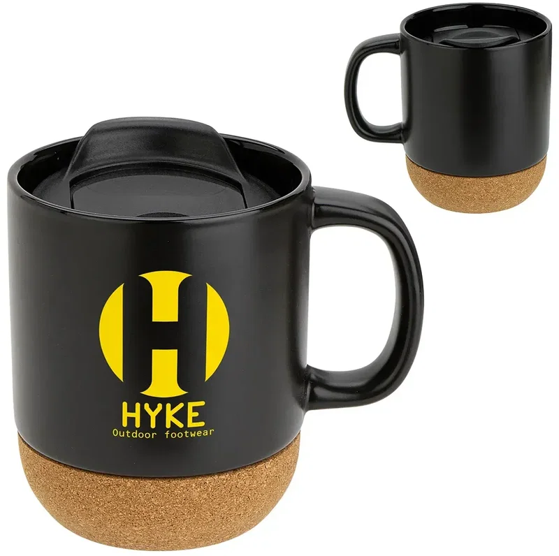 Branded Balsamo cork-base mug on a desk, promotional coffee mug lifestyle shot